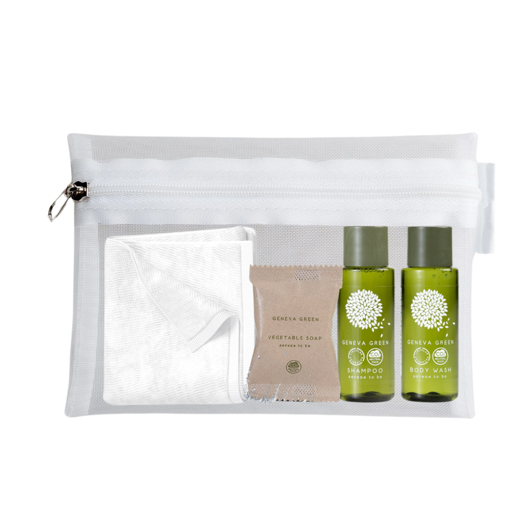 100 set Pochette da bagno+asciugamano mani+shampoo+bagnoschiuma+sapone
