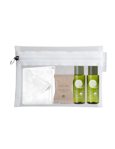 100 set Pochette da bagno+asciugamano mani+shampoo+bagnoschiuma+sapone