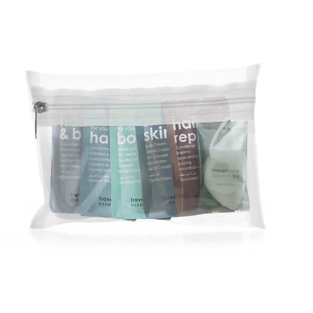 Scatola Campionario trasparente travelcare essential contenente bustine e saponette:CAMPTRE